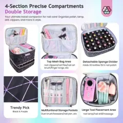 SAVILAND Nail Polish Organizer Bag: PU Leather Nail Kit Organizer Holds 30 Bottles & Nail Lamp, Black Nail Supply Organizer