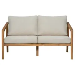 Outdoor Acacia Wood Side Loveseat,Fabric Upholstered Armrests Sofa With Solid Wood Frame,Slatted Backrest Patio Sofa Chair-Coolbibila