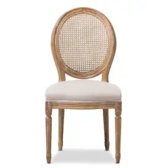 Adelia French Vintage Cottage Weathered Oak Wood Finish and Fabric Upholstered Dining Side Chair with Round Cane Back - Beige - Baxton Studio