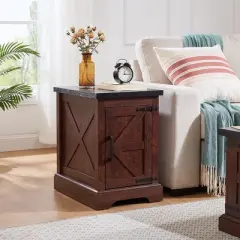 Resenkos Nightstand, Night Stand,Farmhouse end table Nightstand Rectangular Farmhouse End Table with Barn Door and Adjustable Storage Shelf,OAK Brown