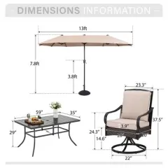 Captiva Designs 8pc Patio Rectangle Steel Dining Table & Rattan Chairs & Market Umbrella