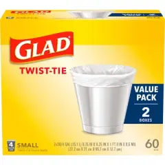 Glad Small Trash Bags 4gal Twist Tie Value Pack - White - 60ct