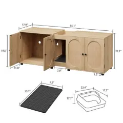 Cat Litter Box Enclosure, 55.1" Large Double Litter Box Furniture for 2 Cats, Hidden Cat Litter Cabinet with Rattan Doors & Litter Pad