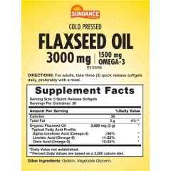 Sundance Flaxseed Oil 3000mg | 90 Softgels | With 1500mg Omega-3 | Cold Pressed