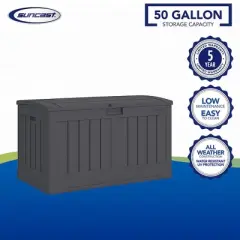 Suncast 50 Gallon Medium Capacity All Weather Construction Resin Outdoor Storage Deck Box with Arched Lid for Patio, Garden, or Pool, Peppercorn