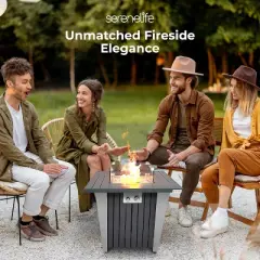 SereneLife Fire Pit Table - 50,000 BTU, Stainless Steel Burner, Tempered Glass Wind Guard, Sliding Door