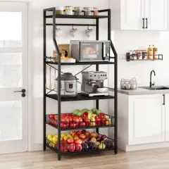 5-Tier Kitchen Storage Rack with Microwave Stand, Metal Shelves with 8 S-Hooks, 2 Wire Baskets & Spice Rack for Kitchen, Pantry, Counter