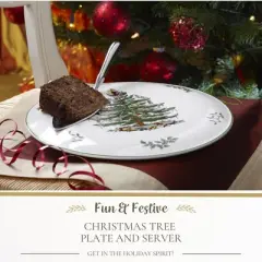 Portmeirion Spode Christmas Tree Cake Plate & Server Set - 11.5 Inch Fine Porcelain Cake Plate with Stainless Steel Server for Holiday Parties