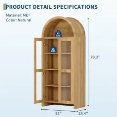 70" Tall Arched Kitchen Pantry Cabinet with Acrylic Doors - 5-Tier Wooden Storage Cabinet with Adjustable Shelves, for Living Room