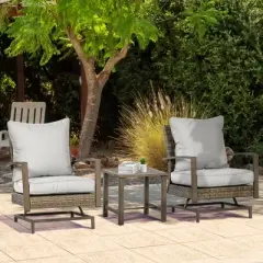 Outsunny 3-Piece Patio Bistro Set, PE Rattan Wicker Outdoor Furniture with Soft Cushions, 2 Rocking Chairs, Slatted Coffee Table, Gray