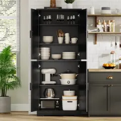 70" Black Tall Kitchen Pantry Cabinet with 4 Doors and Adjustable Shelves, Freestanding Storage Cabinet for Bathroom, Dining Room, Living Room