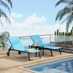 2 Patio Outdoor Textile Chaise Lounge Chairs with Side Table, Patio Chaise Lounge Set,