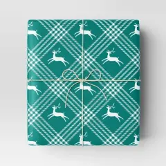 30" 50 sq ft Christmas Roll Wrap Deer and Plaid on Green - Wondershop&trade;