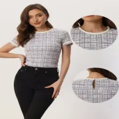 Allegra K Tweed Top for Women Casual Round Neck Pearl Decoration Short Sleeve Blouses