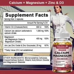 Mulittea Calcium Magnesium with Zinc & D3 Capsules, Support Bone, Muscles & Sleep, 120 Capsules