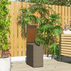 Outsunny 17-Gallon Small Deck Box, UV Resistant Wicker Outdoor Storage Box with Slatted Acacia Wood Top for Patio Cushions and Garden Tools, Teak