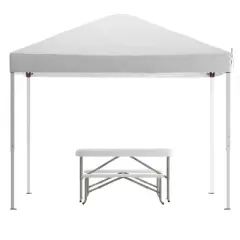 Emma and Oliver Portable Tailgate, Camping or Event Set with White Pop Up Event Canopy Tent with Carry Bag and Folding Table with Benches Set