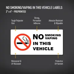Avery No Smoking/Vaping in This Vehicle Sign Label Stickers, Waterproof, UV Resistant, Preprinted, 2" x 4", 20 Stickers