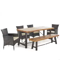GDFStudio Latona Outdoor Acacia Wood and Wicker 6 Piece Dining Set with Bench,Teak/Cream