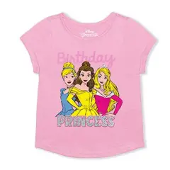 Disney Girl's Birthday Princess Glitter Print Short Sleeve Graphic Tee for Toddler