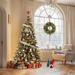 7.5ft Pre-Lit Slim Christmas Tree with 450 Warm White LEDs - Ultra Realistic PE/PVC Artificial Xmas Tree for Apartments, Includes Gloves & Stand