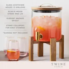 Twine Modern Manor Beverage Dispenser, Glass Carafe, Collapsible Wood Stand, Bronze Spigot, Beverage Service, 1.3 Gallons, Set of 1