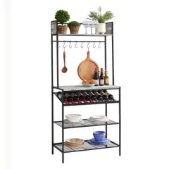Kings Brand Furniture Lindsay Gray Tile Bakers Rack with 9 Wine Bottle Capacity Rack & 8 Hooks - Kitchen Storage Organizer