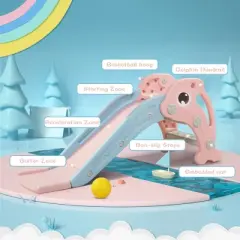 Sandinrayli 3 in 1 Toddler Slide, Baby Slide Climber Playset with Basketball Hoop and Ball, Indoor and Outdoor Playground for Kids Pink