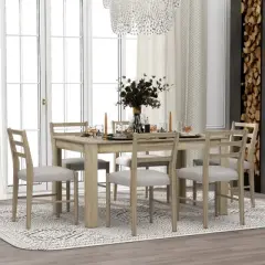 7 PCS Extendable Wooden Dining Table Set with 6 Upholstered Chairs, 12" Leaf and 2 Drawers-ModernLuxe
