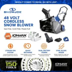 Snow Joe 48V Cordless Electric Snow Blower Kit, 1200W Brushless Motor, 18" Clearing Path - 20' Throw w/Cover, Ice Scraper & Headlight, 24V-X2-SB18-TV1