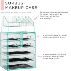 Sorbus Medium Makeup Organizer Set - (3 Large / 4 Small Drawers/Top Tray) Teal
