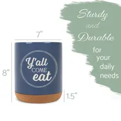 Elanze Designs Y'all Come Eat Southern Accent Ceramic Cork Bottom Navy Blue Large Capacity Utensil Holder Crock for Countertop Storage, Stylish &
