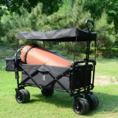 FURNIinspire Outdoor Serving Carts Collapsible Wagon 140L Wagons Carts Foldable with Removable Canopy Folding Wagon Cart, Black, 35.4"*19.7"*44.5"