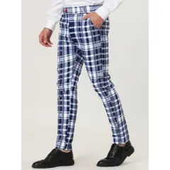 Lars Amadeus Men's Color Block Slim Fit Flat Front Plaid Dress Pants