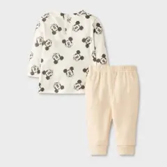 Baby Boys' 3pc Disney Mickey Mouse Long Sleeve Shirt with Cozy Zip-Up Vest & Bottom Set - Brown/Off-White