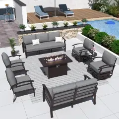 ALAULM Aluminum Patio Furniture Set with Propane Fire Pit Table 10-seat Metal Outdoor Furniture Grey