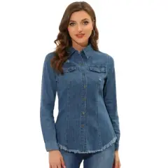 Allegra K Women's Jeans Long Sleeve Button Down Distressed Frayed Denim Shirt