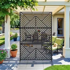 Pexfix 72 x 47 Inch Metal Privacy Screen Freestanding Outdoor Divider Panel For Patio Deck Balcony Heavy Duty Base Weatherproof Black Mountain Shape
