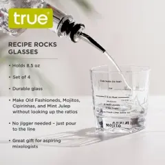 True Cocktail Recipe Glasses-Rocks Cocktail Glasses with Recipes for Old Fashioned, Mojito,Mint Julep-Unique Mixed Drink Glasses 8.5oz Set of 4, Clear