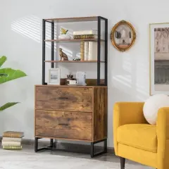 Costway 2 Drawer Vertical File Cabinet w/Lock & Bookshelf, Letter Size Filing Cabinet