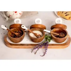 Jeanne Fitz Wood + White Collection Acacia Wood 10pc Dipping Bowls with Charcuterie Utensils