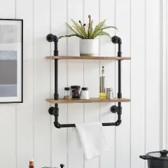 2-Tier Olivia Pipe Wall Shelf Unit with Hanging Rod Black/Rustic - Danya B.