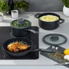 BergHOFF Leo Stone+ Nonstick Ceramic Cookware Set With Glass Lid, Recycled Cast Aluminum