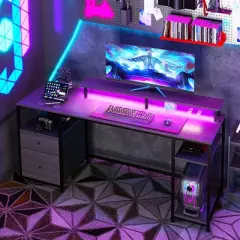 HOMCOM 61" Computer Desk with Lights, Power Outlets, USB Ports, Gaming Desk with Storage Shelves, Monitor Stand, Fabric Drawers