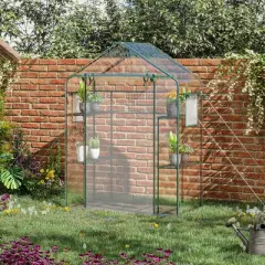 Outsunny Outdoor Walk-in Mini Greenhouse with Mesh Door & Windows, Small Portable Garden Hot House with 6 Shelves, Trellis, & Plant Labels