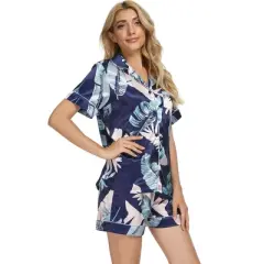 cheibear Women's Floral Button Down Shirt Shorts Satin Pajama Set 2 Pcs