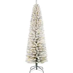Acekool Snow Flocked Pencil Tree, PVC Mixed Flocked Needles, Hinged Slim Fir, Sturdy Base, Space Saving Corner Style