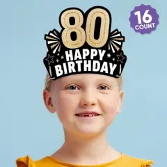 Big Dot of Happiness 80th Birthday Paper Crowns, Happy Birthday Party Headbands for Adults, DIY Black & Gold Milestone Party Hat Favors, 16 Count