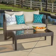 Christopher Knight Home Antibes 2 Piece Outdoor Wicker Loveseat and Coffee Table Set with Cushions