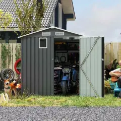 6&times;8FT Metal Storage Shed with Lockable Doors and 4 Vents, Outdoor Steel Garden Tool Shed, Compact Bike Storage Shed with Sloped Roof-Coolbibila